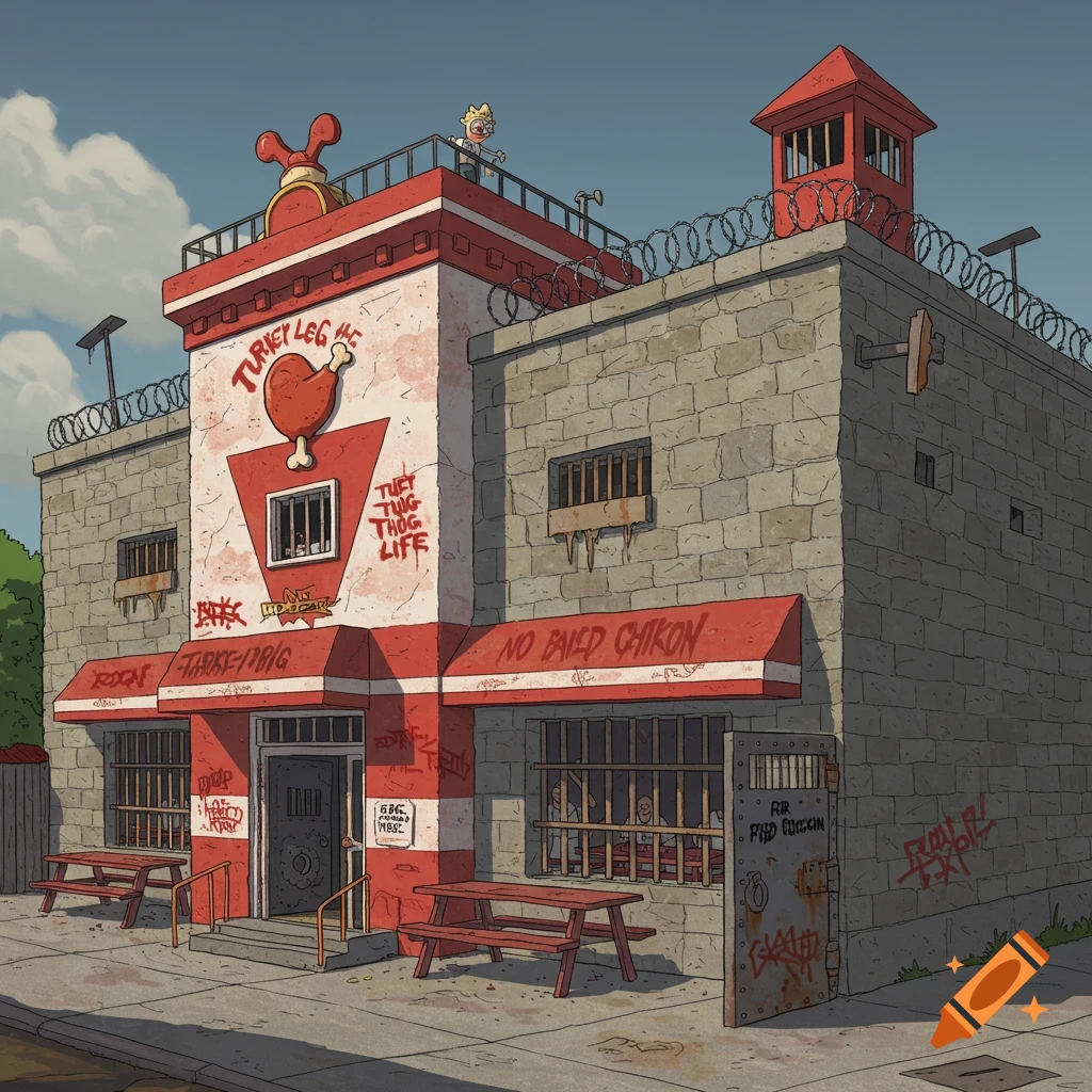 Cartoon building styled as a restaurant and jail with Turkey Leg Inc sign and Rick Sanchez on the roof.