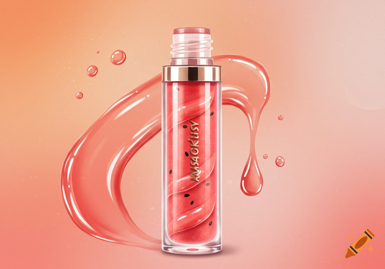 Glossy lip gloss bottle with watermelon seeds and liquid splashes on a peach background.