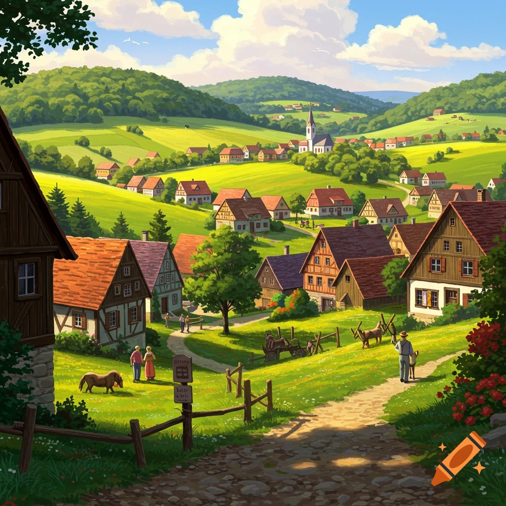 A picturesque village nestled in a green valley, with traditional houses, paths, and people.