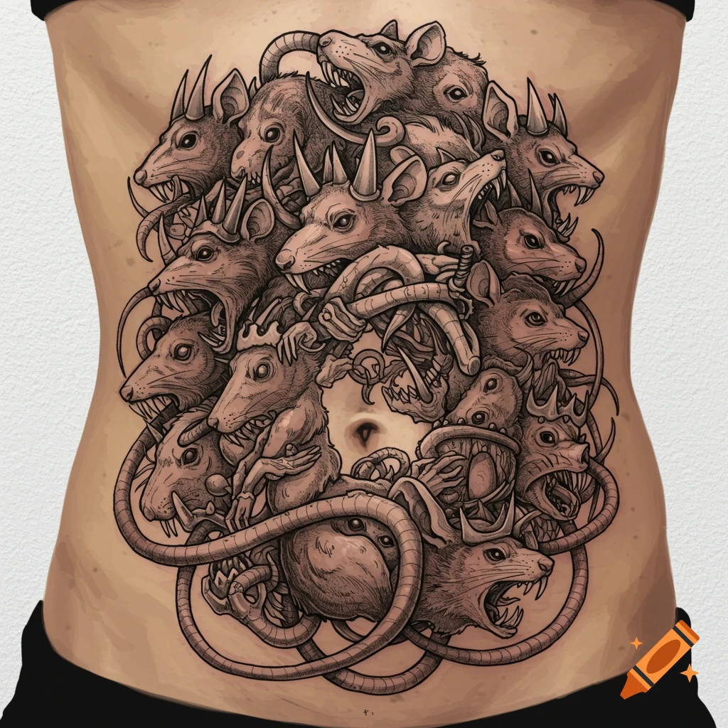 Tattoo of tangled rats forming a ring on an abdomen around the navel.