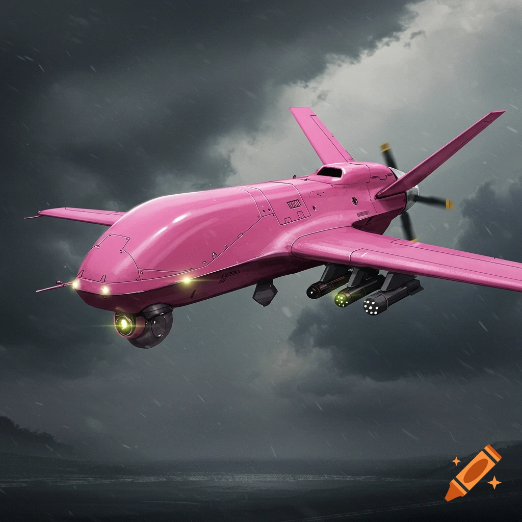 Pink military drone flying under dark, cloudy skies.