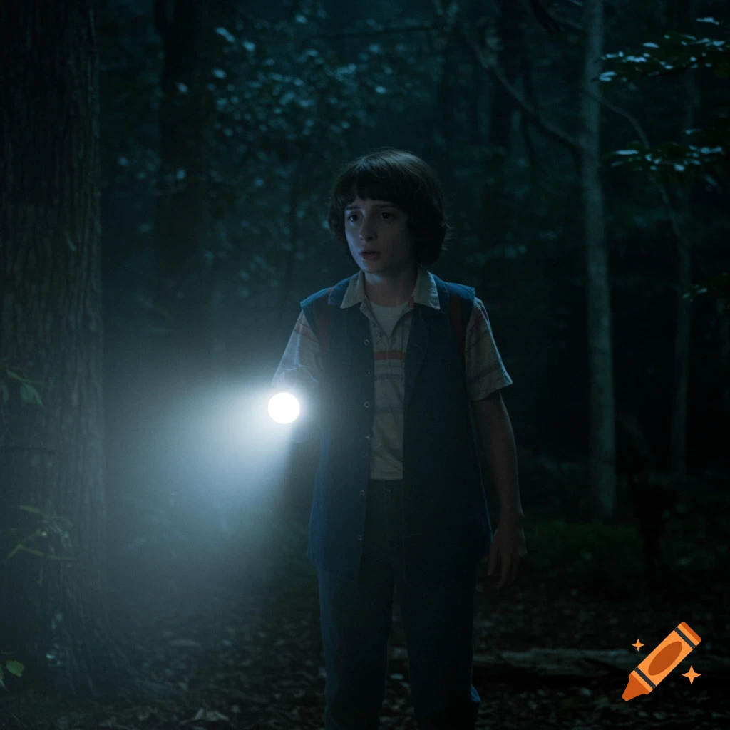 Boy in a dark forest holds a bright flashlight