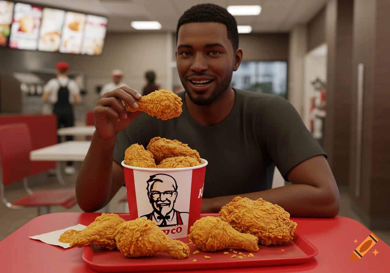 Dark-skinned man eats fried chicken from a KFC bucket in a restaurant. Photorealistic.