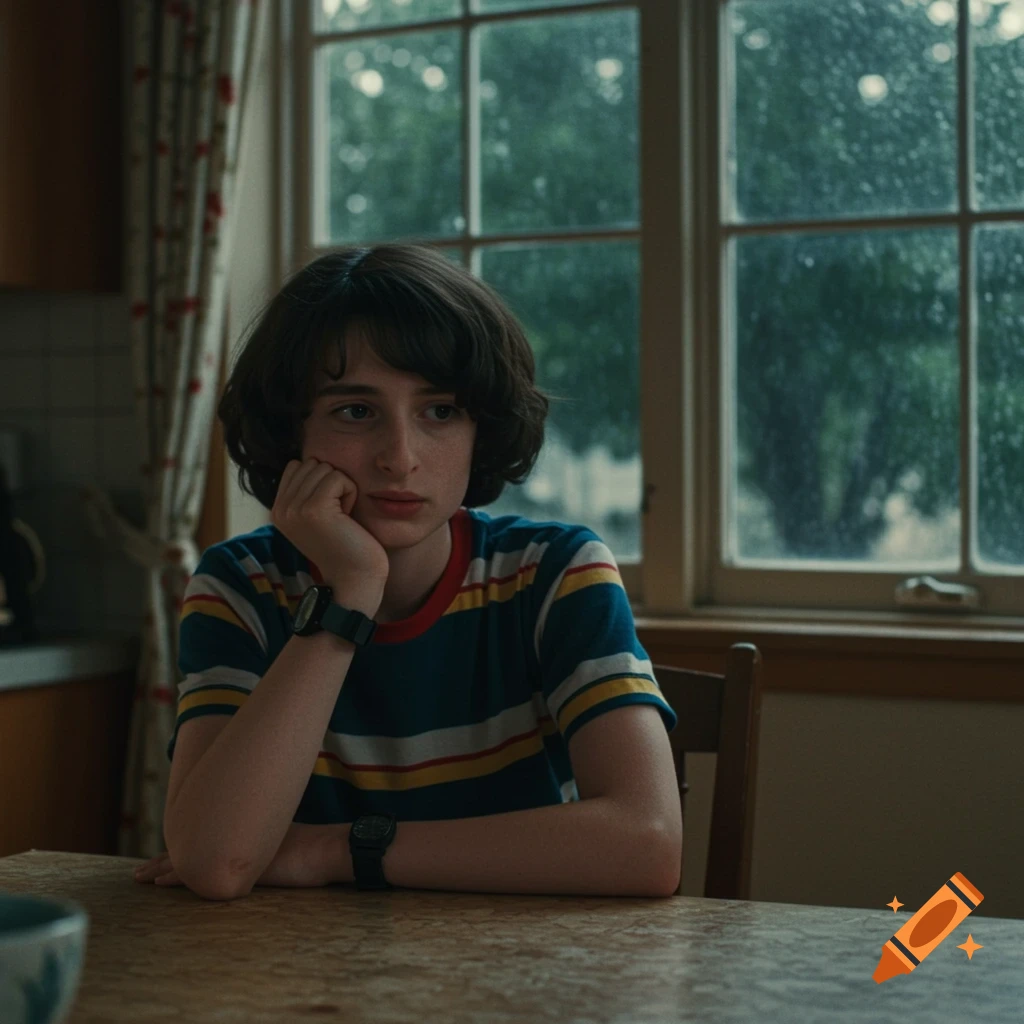 Young boy in striped shirt sits at table by rainy window, head on hand.