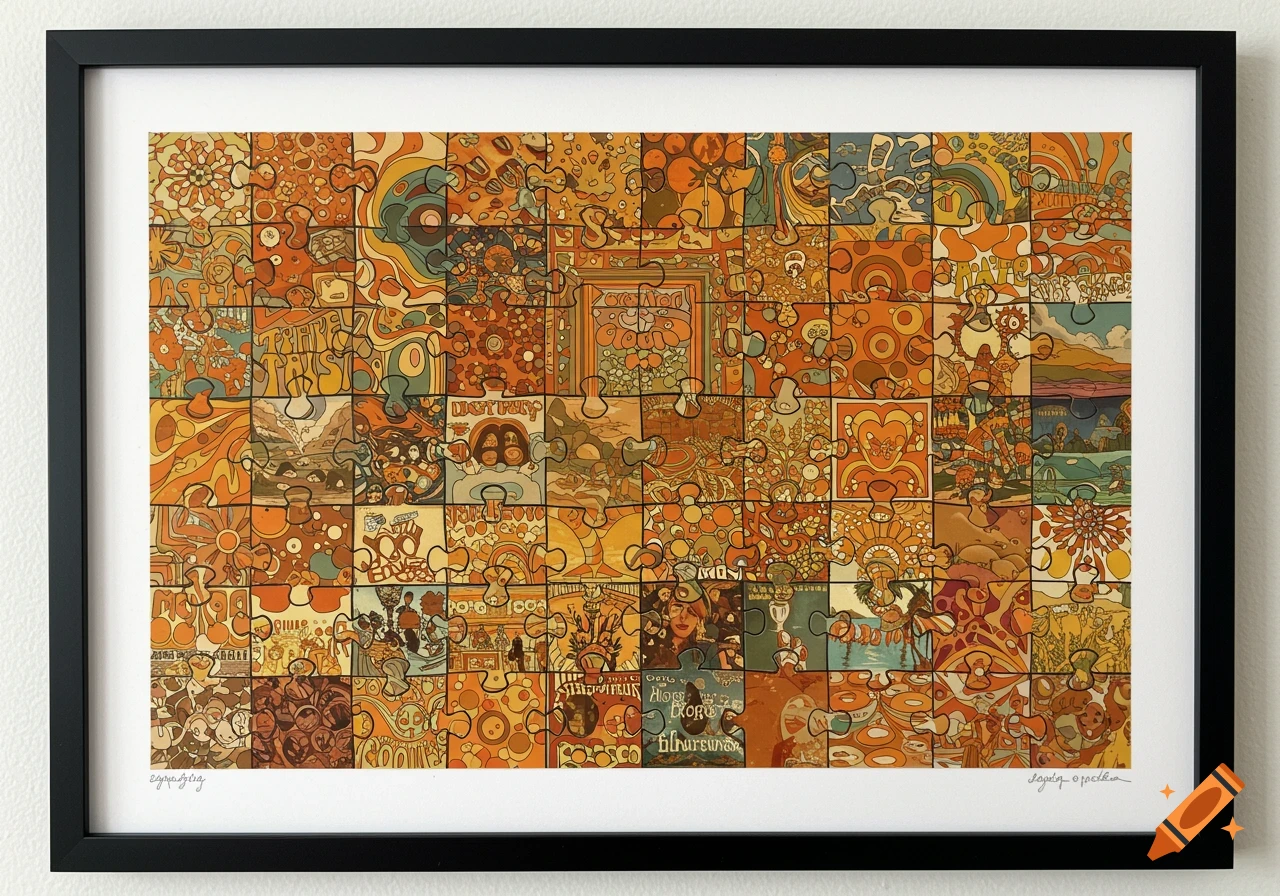 A framed print of a psychedelic collage in warm 70s colors, arranged as a large jigsaw puzzle.