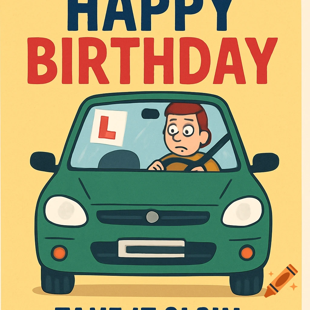 Cartoon birthday card with a stressed person driving a green car with an 'L' plate. Text says "HAPPY BIRTHDAY TAKE IT SLOW".