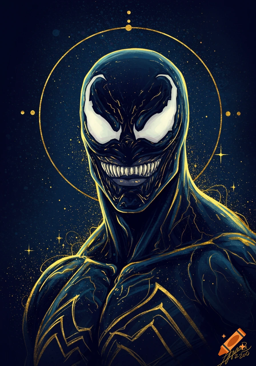 Close-up digital art portrait of Venom with gold highlights against a starry dark blue background.