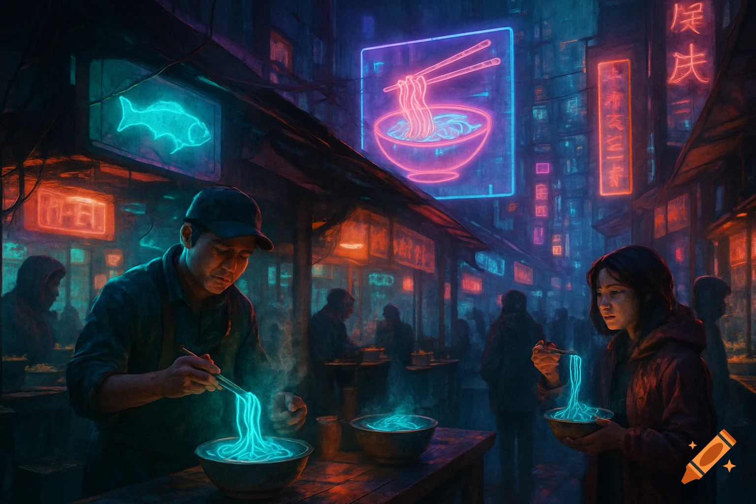 A bustling cyberpunk street market at night with people eating glowing noodles under neon signs.