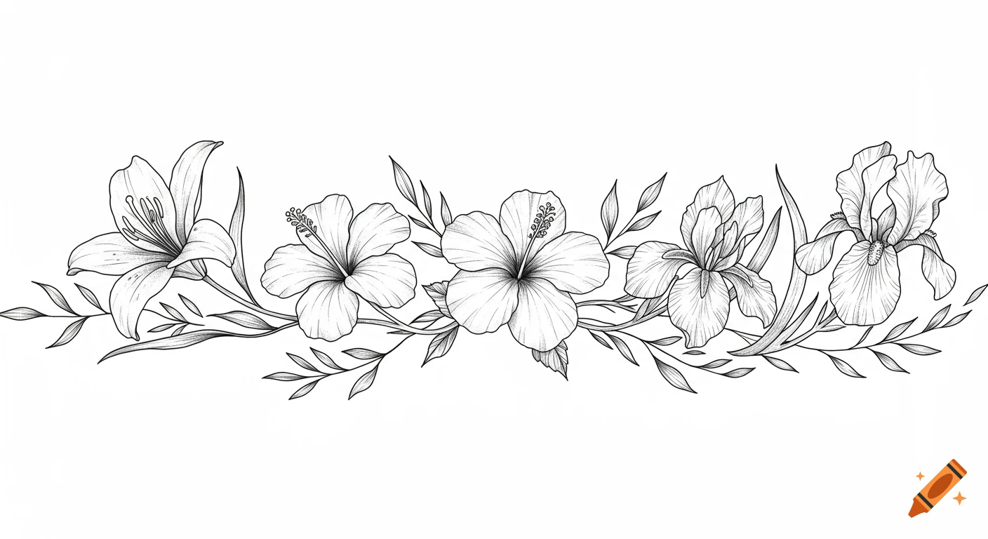 Black and white fine line drawing of lily, hibiscus, and iris flowers with leaves arranged horizontally.