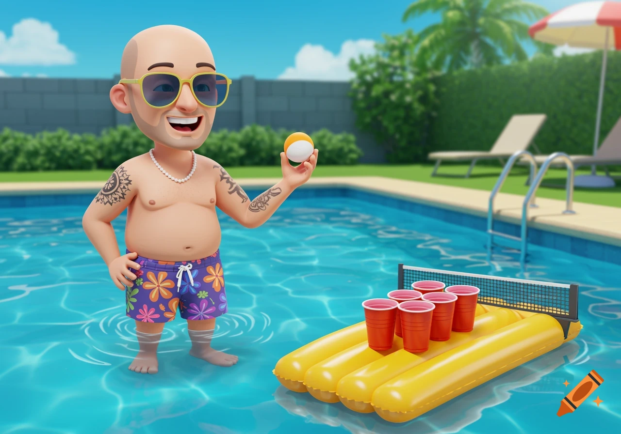 Cartoon man in pool with beer pong setup