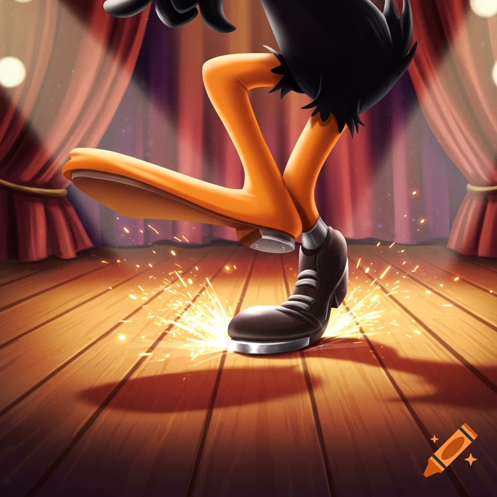 Cartoon duck feet tap dancing on a stage, creating sparks.