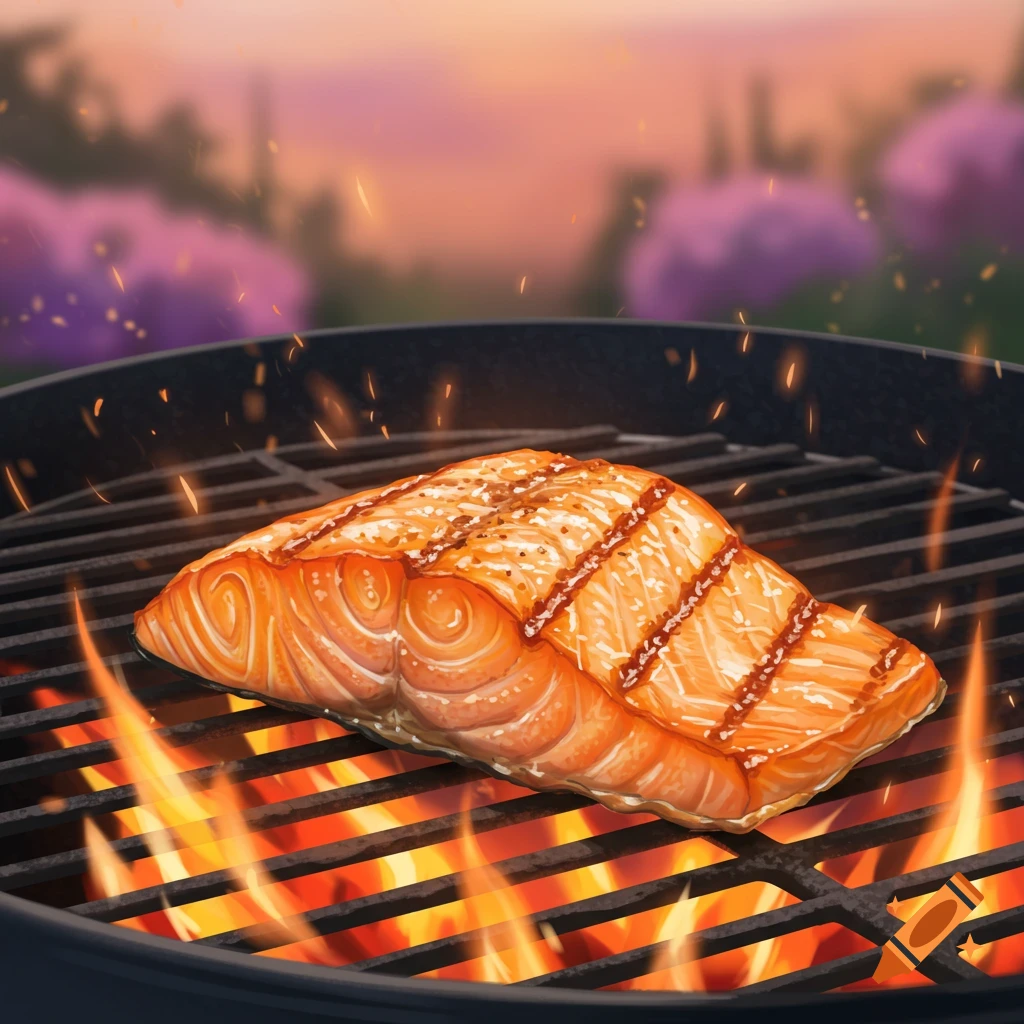 A piece of salmon cooking on a BBQ grill with flames, set outdoors.