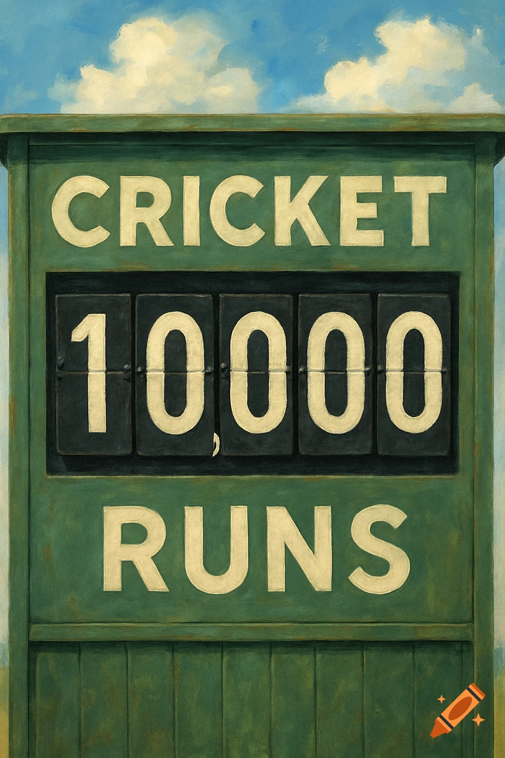 Painting of a green cricket scoreboard showing 'CRICKET 10,000 RUNS' against a blue sky