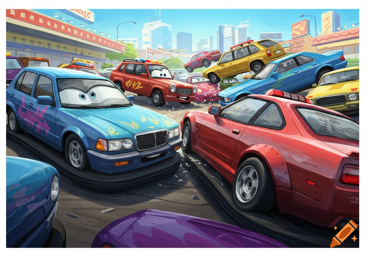 Cartoon cars bumping into each other in a chaotic scene on a street with buildings in the background.