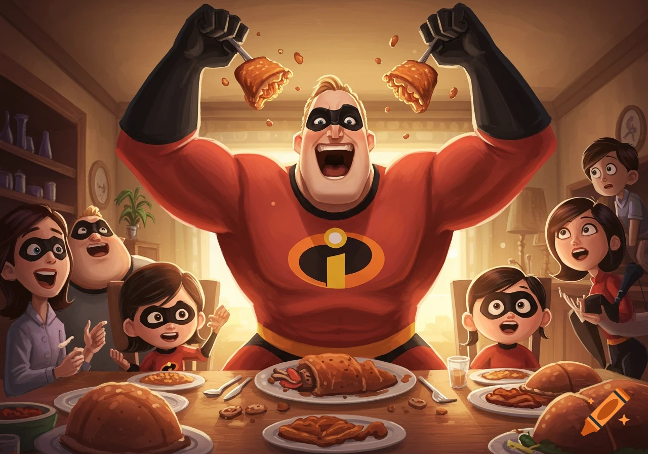 The Incredibles family having a lively dinner.