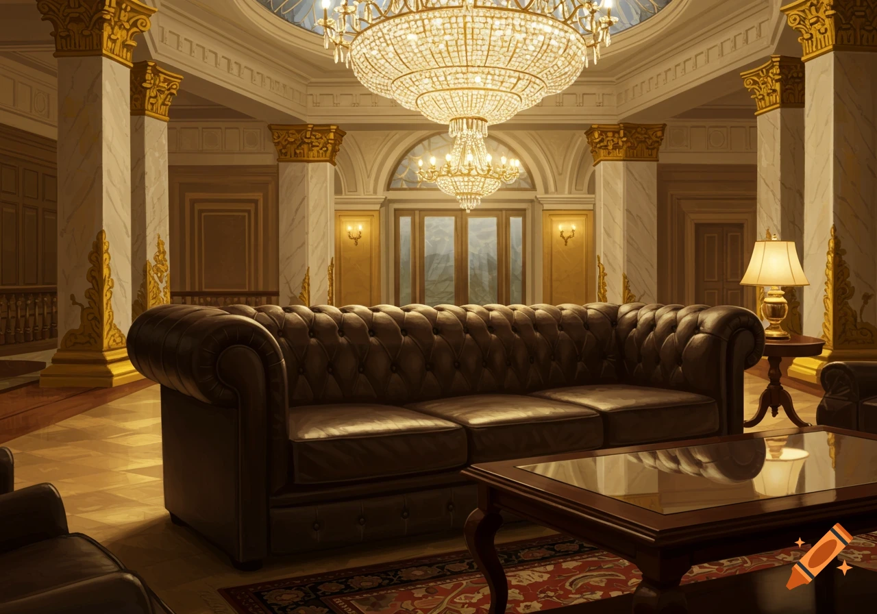 A luxurious hotel lobby with a brown leather sofa, coffee table, pillars, and chandeliers.