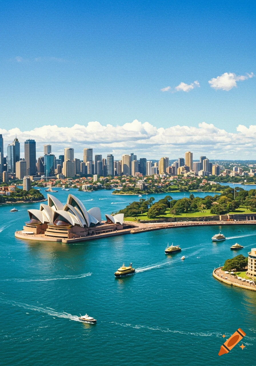 Aerial view of Sydney Harbour with the Opera House, cityscape, and boats on the water.