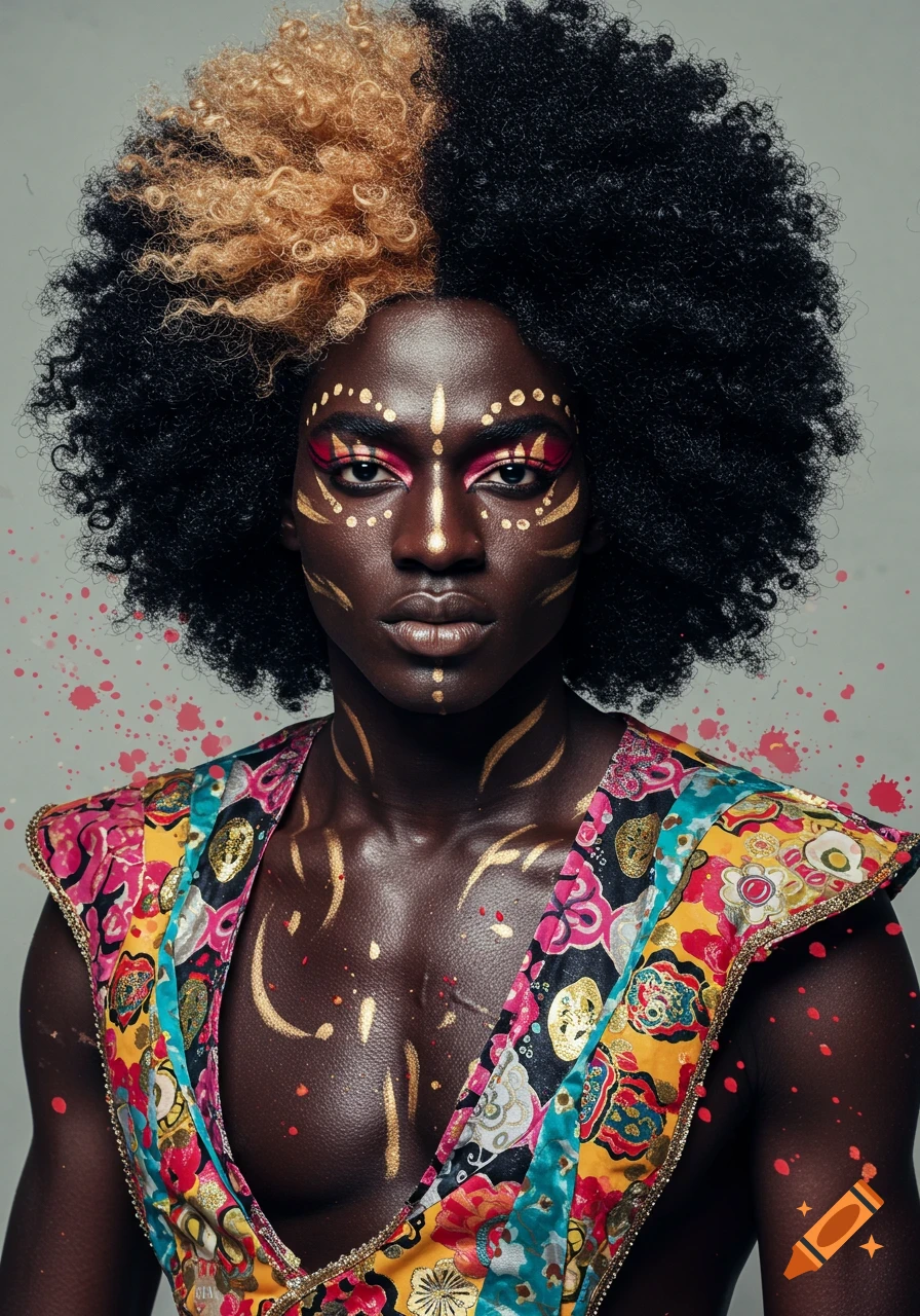 Portrait of person with split black and blonde afro, gold face paint, and colorful patterned garment.