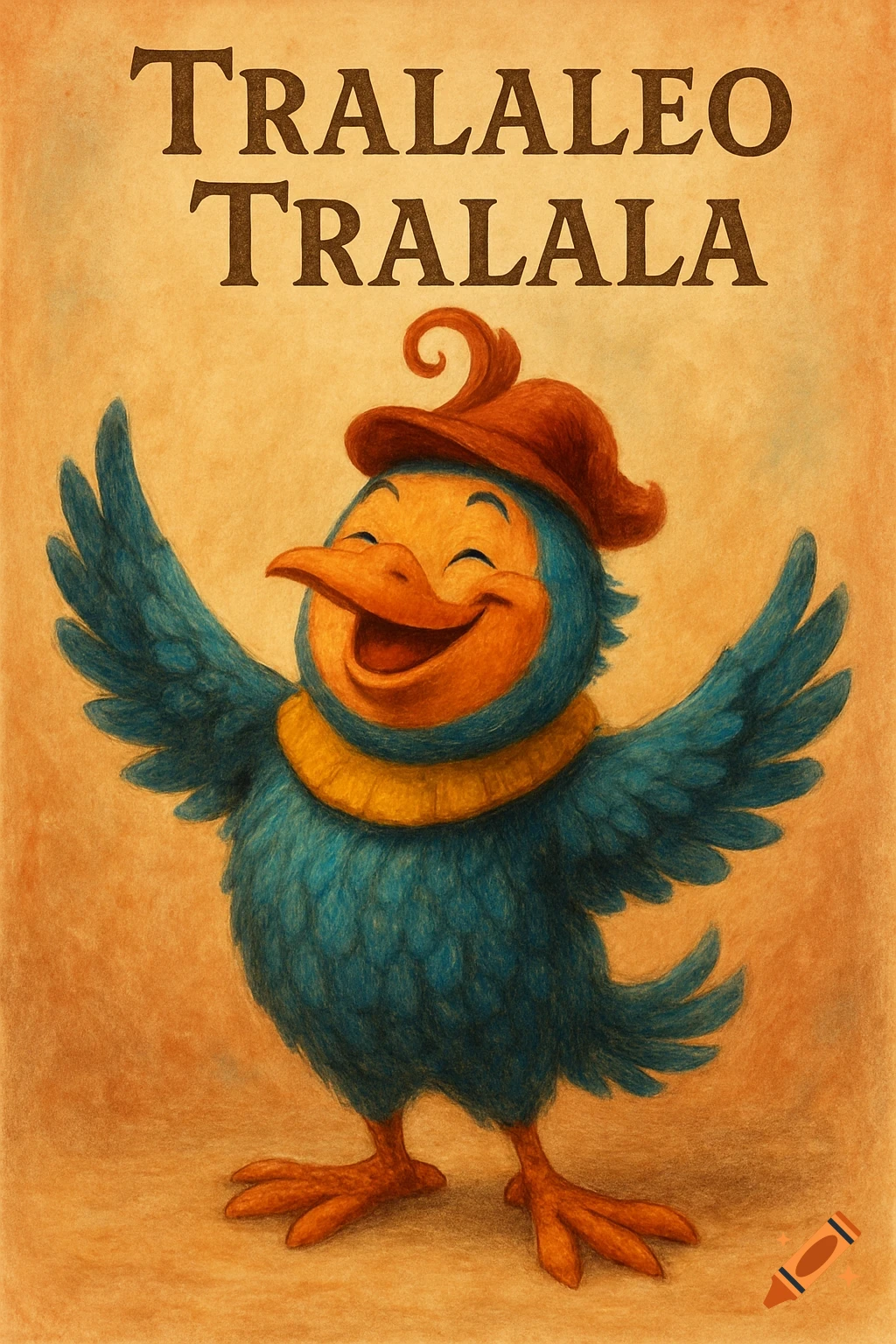 Happy cartoon bird in a hat with wings spread, text above: TRALALEO TRALALA, colored pencil style