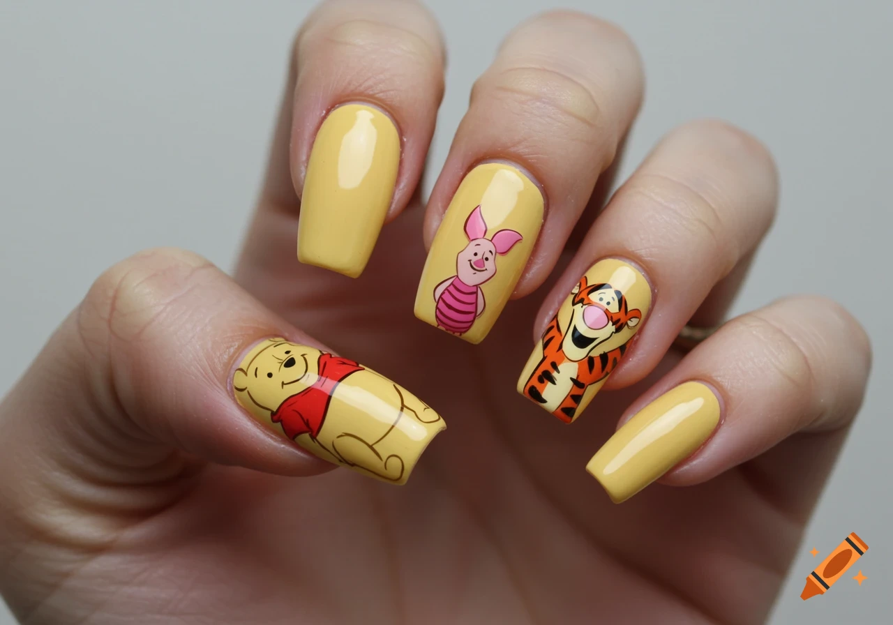 Yellow acrylic nails decorated with Winnie the Pooh, Piglet, and Tigger characters.
