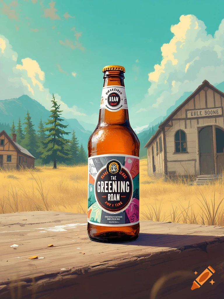 A bottle of The Greening Roan beer sits on a wooden table in a rural landscape with a building and mountains in the background.