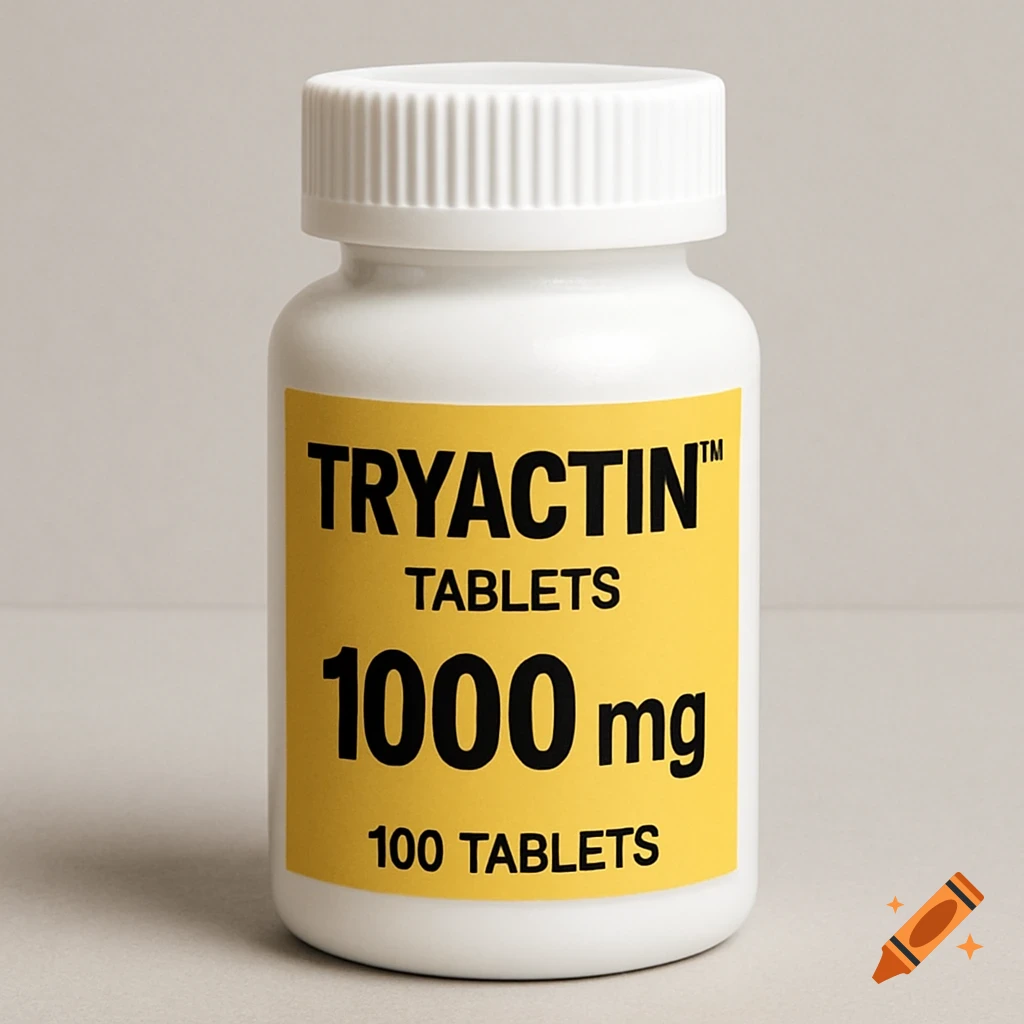 A white bottle of Tryactin tablets with a yellow label.