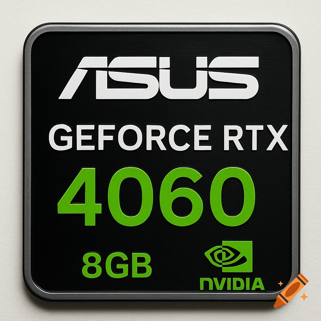 Black and green ASUS GeForce RTX 4060 8GB badge with NVIDIA logo