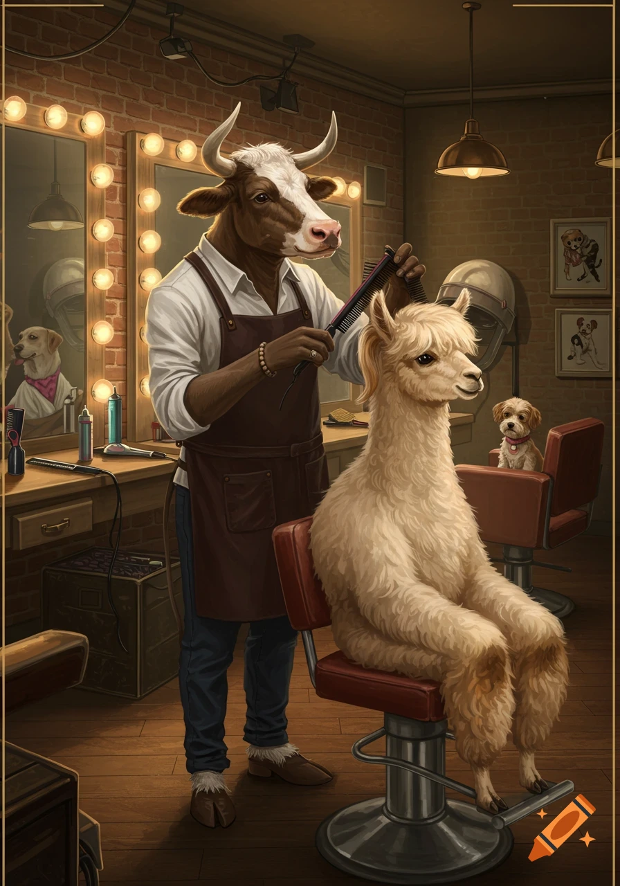 A cow hairstylist combs an alpaca's hair in a barbershop, with dogs in the background.