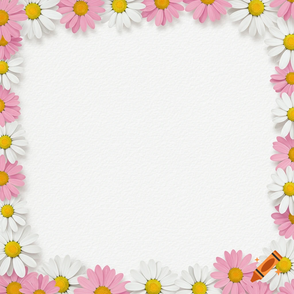 A white paper texture background bordered by white and pink daisies.