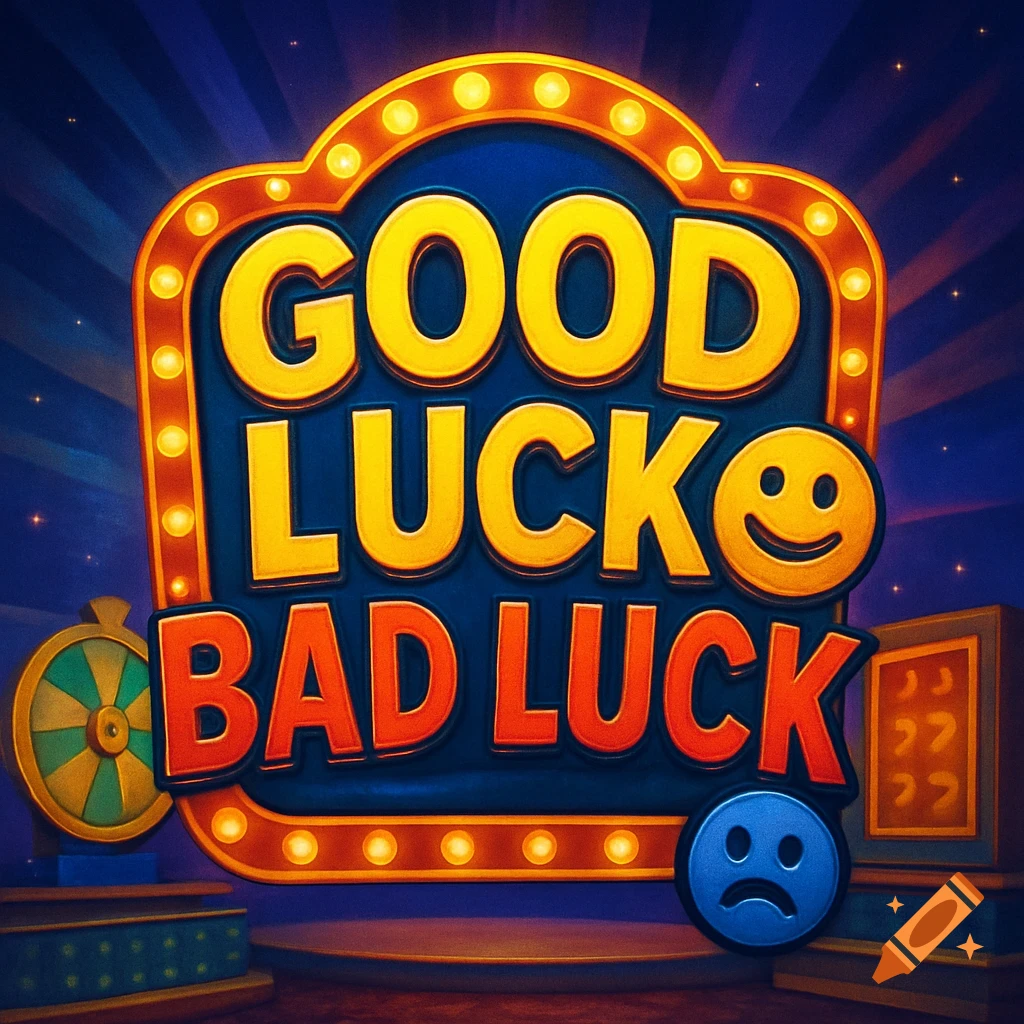 A game show marquee sign reads 'GOOD LUCK BAD LUCK' with smiley and sad face emojis, a spinning wheel, and stage lights.