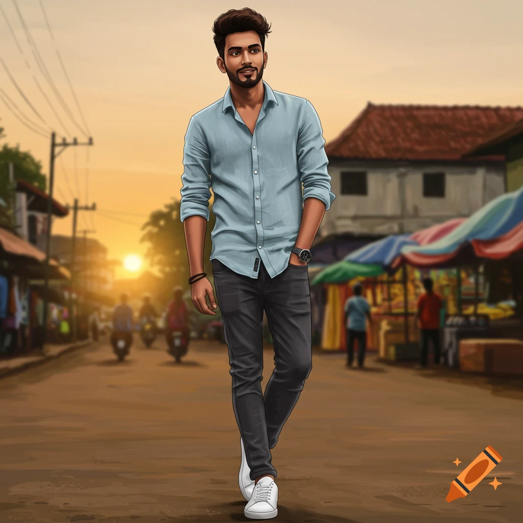An illustrated portrait of a young man walking down a street at sunset.