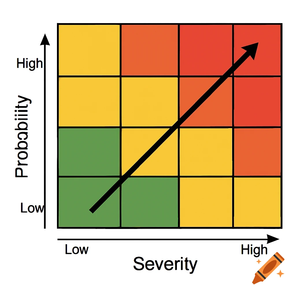 A risk matrix graph showing probability and severity on axes, with a ...