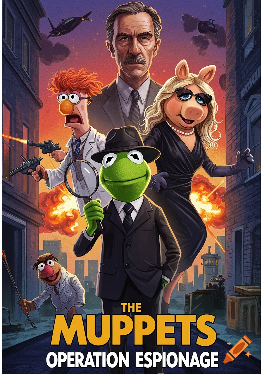 Movie poster for 'The Muppets: Operation Espionage' featuring Kermit, Miss Piggy, Beaker, Animal, and human in a spy action scene.
