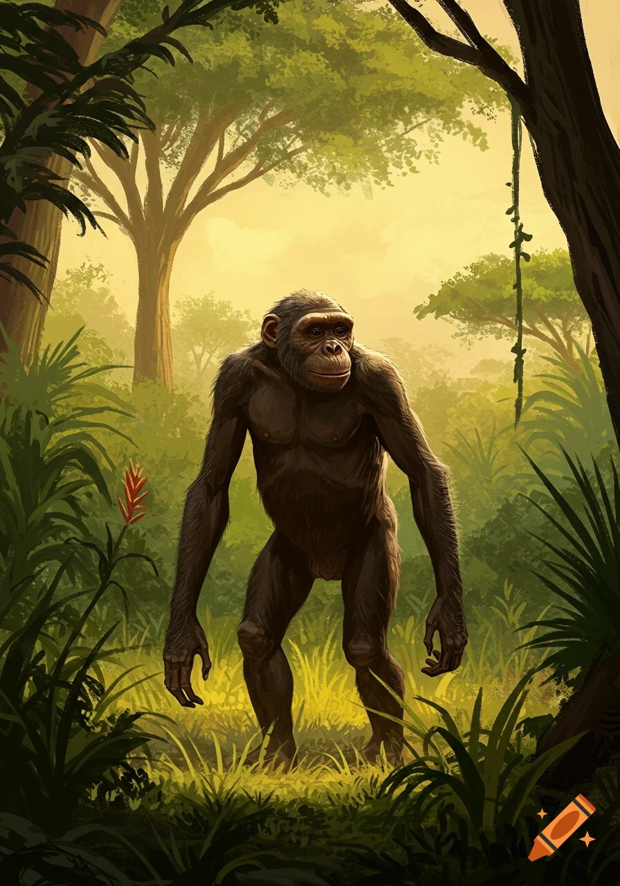 An ape-like creature, Australopithecus afarensis, stands in a prehistoric forest.