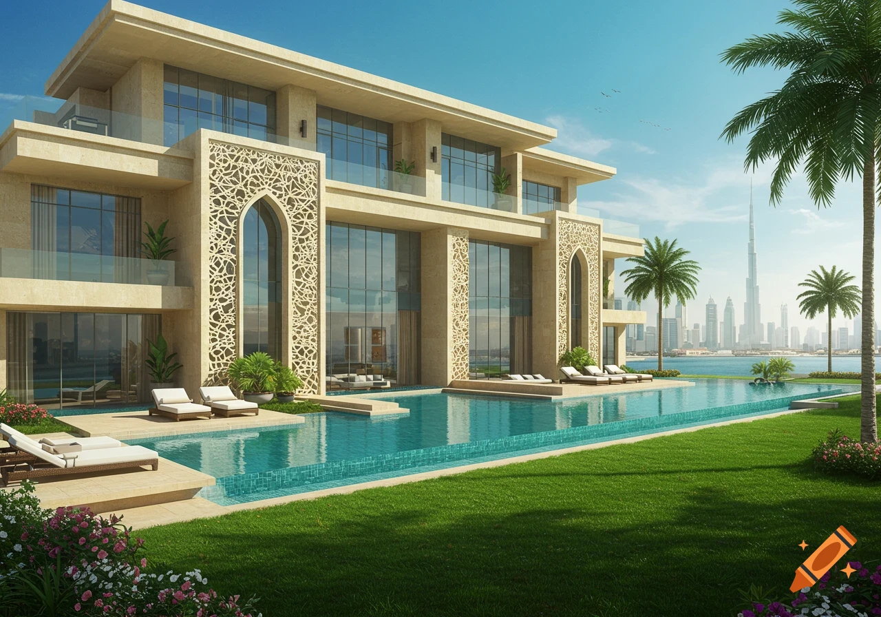 A luxurious modern mansion with a large swimming pool, palm trees, and the Dubai skyline in the background under a blue sky.