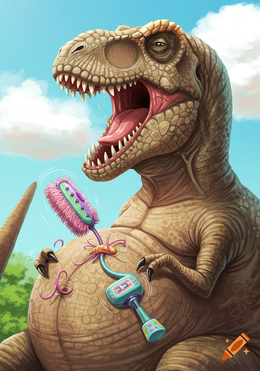 Illustration of a T-Rex being tickled on its belly by a brush machine.