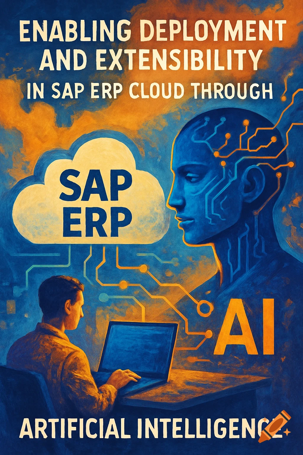 Digital painting shows a man working on a laptop next to a cloud labeled "SAP ERP" and a glowing profile of a head connected by circuits, with text "ENABLING DEPLOYMENT AND EXTENSIBILITY IN SAP ERP CLOUD THROUGH AI ARTIFICIAL INTELLIGENCE".
