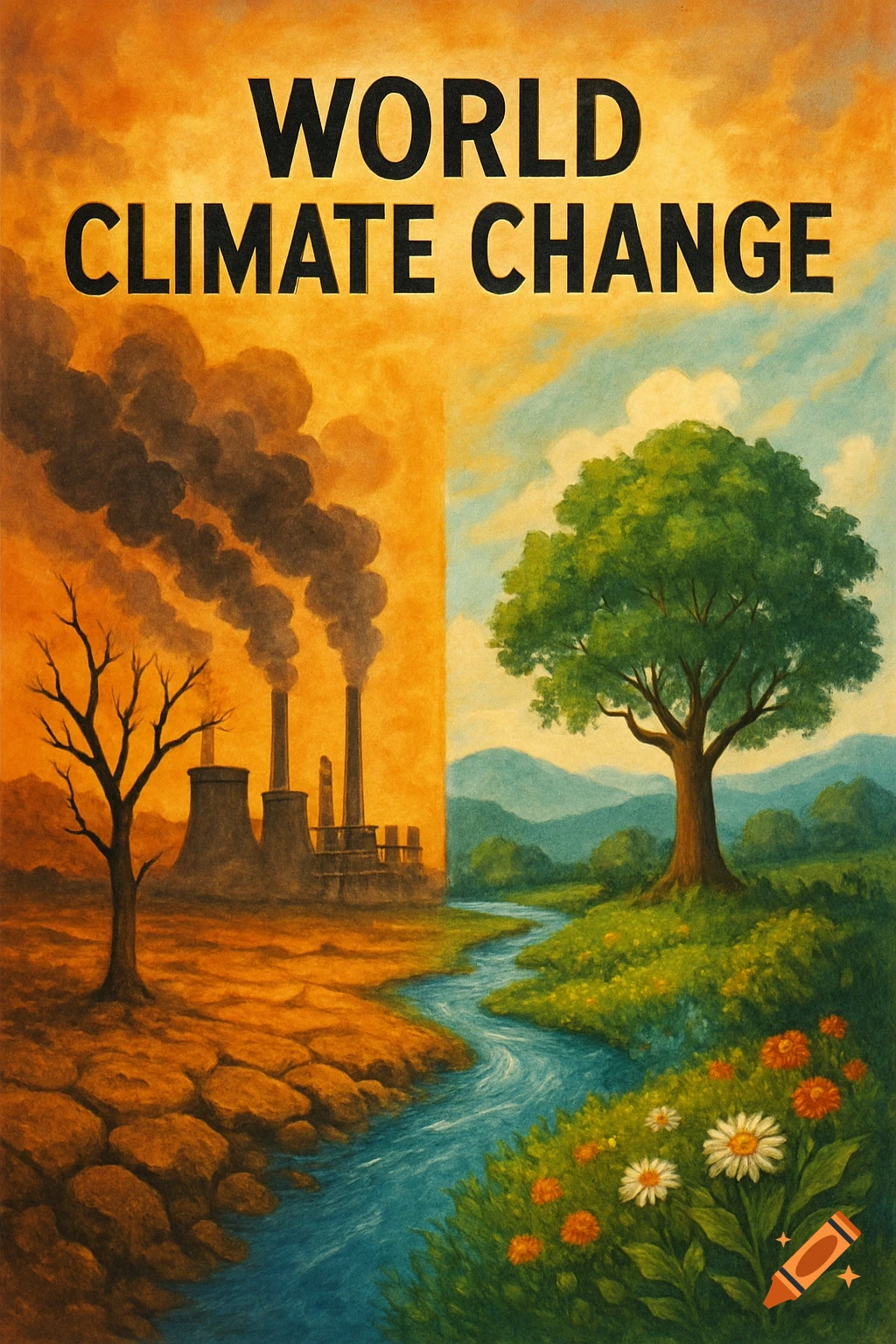 Painted poster with text "WORLD CLIMATE CHANGE" above a split image: left side dry, polluted land with factories; right side green landscape with river and tree.