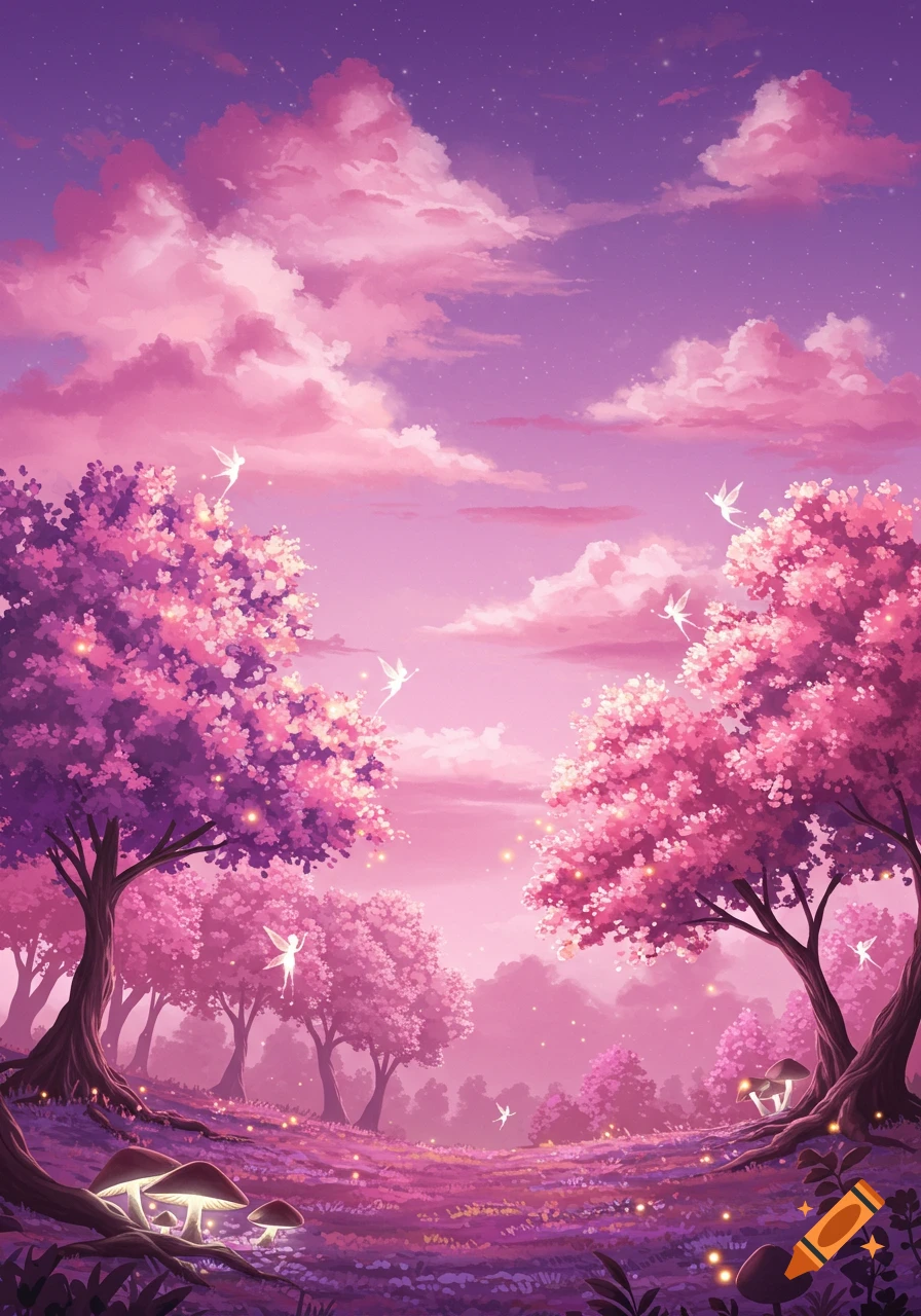 A fantasy forest scene with pink trees, glowing mushrooms, and fairies under a purple sky, digital art