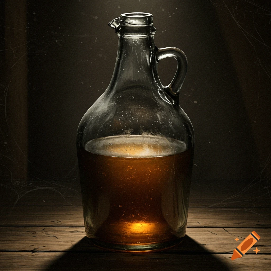 A glass jug of golden liquid sits on a wooden table in a dark room, with a mysterious, dusty atmosphere.