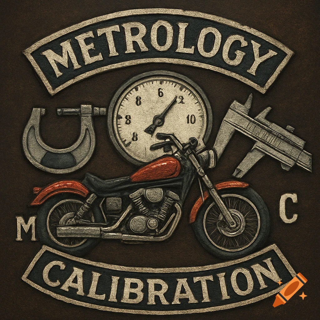 Motorcycle club patch design with metrology tools, gauge, micrometer, caliper, and text "METROLOGY CALIBRATION".