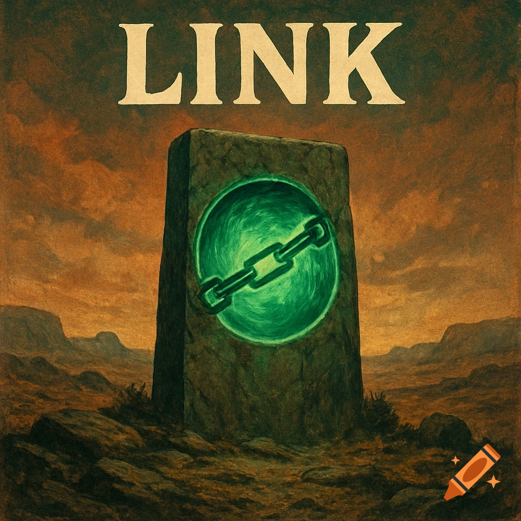 Album cover art showing a stone monument with a glowing green chain link symbol in a rocky landscape under an orange sky. Text reads 'LINK'.