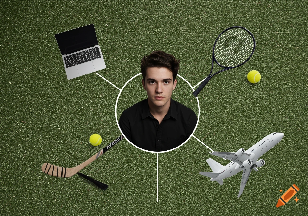 A man centered on a green background, surrounded by a laptop, hockey stick, tennis racket, and airplane, connected by lines.