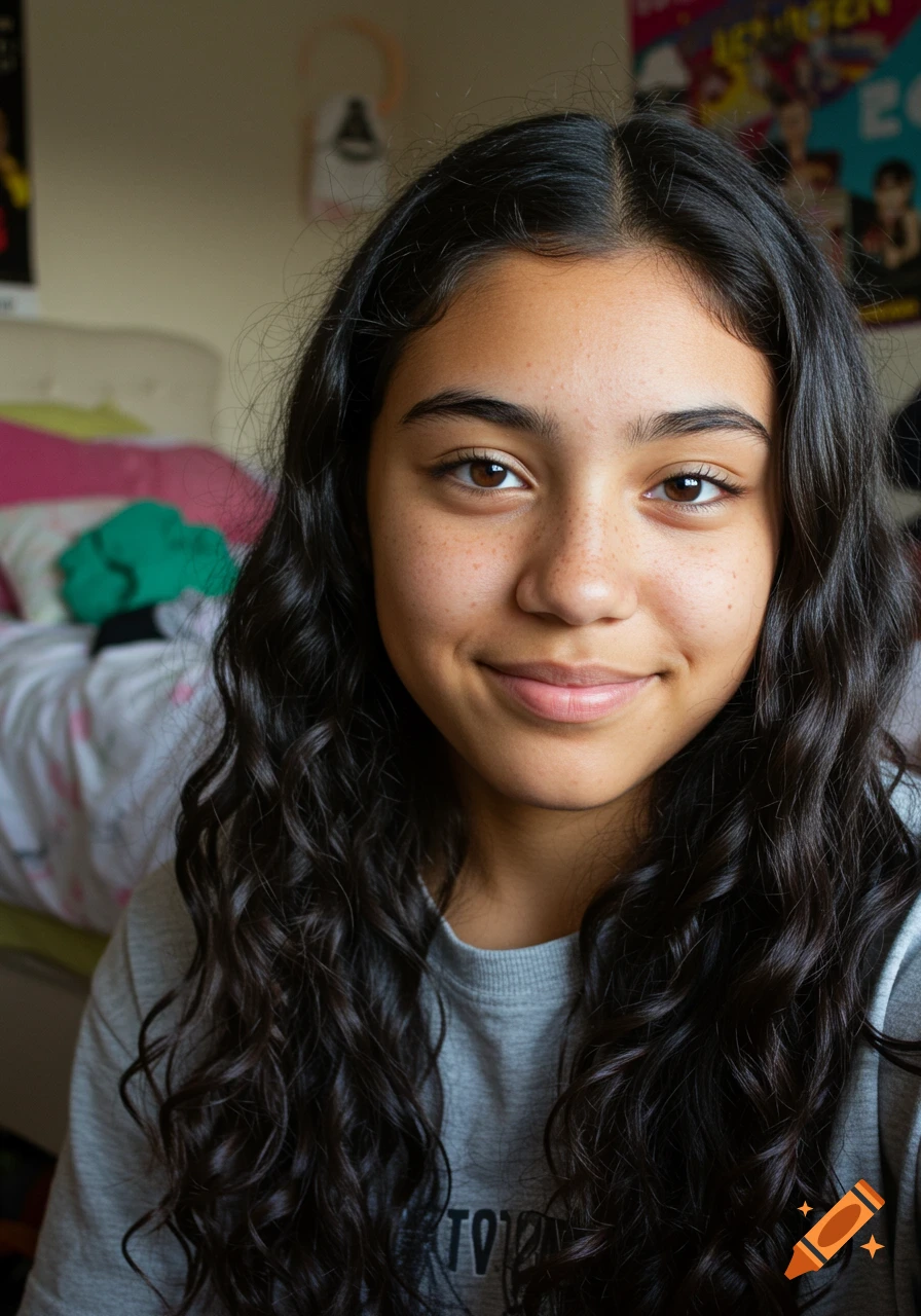 Extreme close-up portrait of a smiling teenage girl with dark curly hair and freckles, wearing a grey shirt with text.