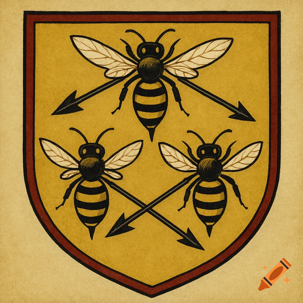 A yellow shield with three black and yellow bees and three crossed arrows in a heraldic style.