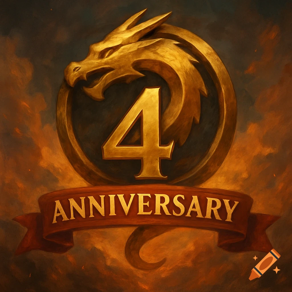 Golden dragon logo with the number 4 and an anniversary banner