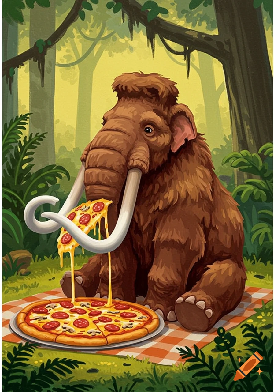 A woolly mammoth sits on a blanket in a forest, eating pizza.