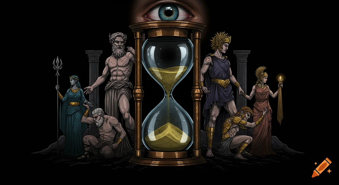 Greek gods and an eye around a large hourglass in an illustration.