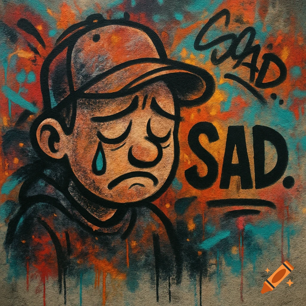 Cartoon character wearing a cap, crying, with graffiti art style background and the word SAD.