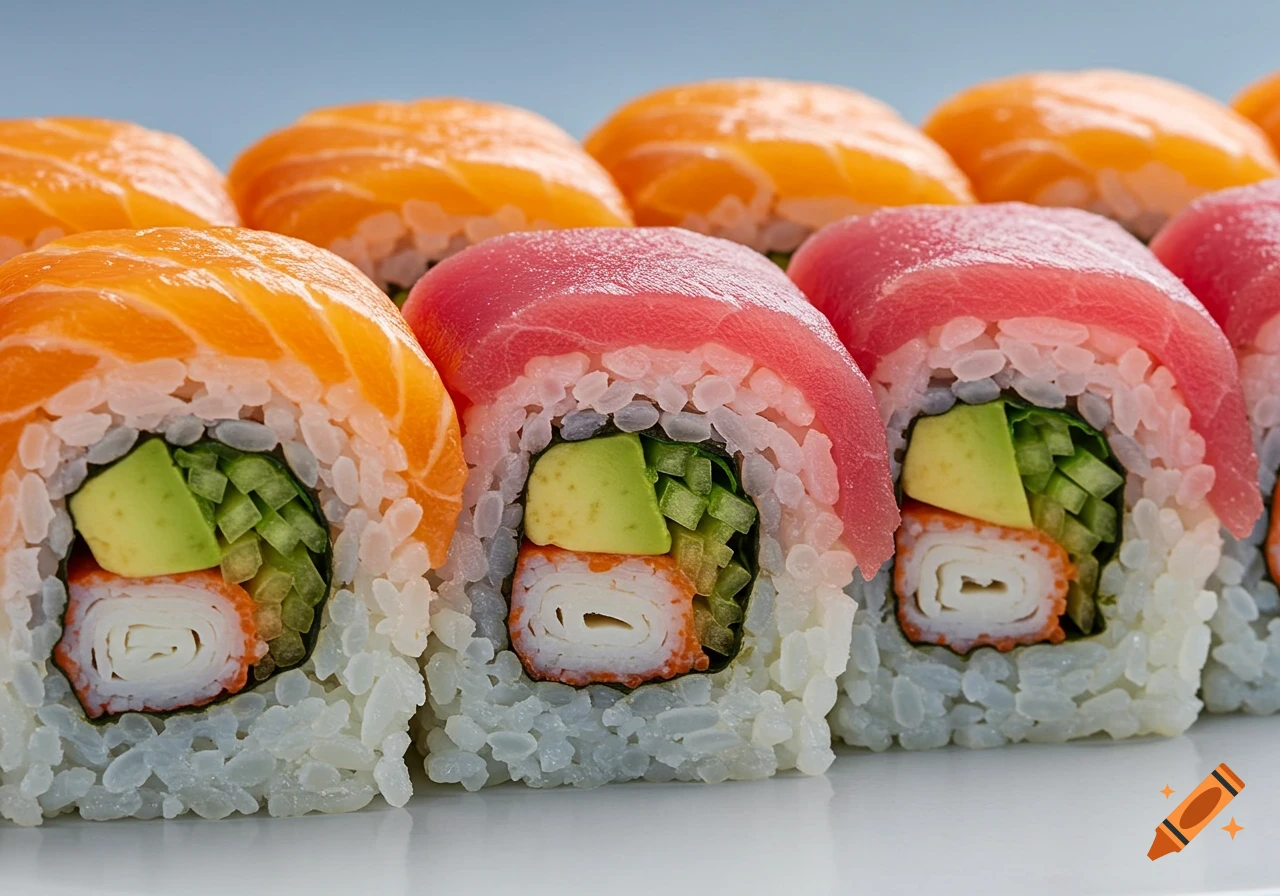 Close-up of sushi rolls topped with salmon and tuna.